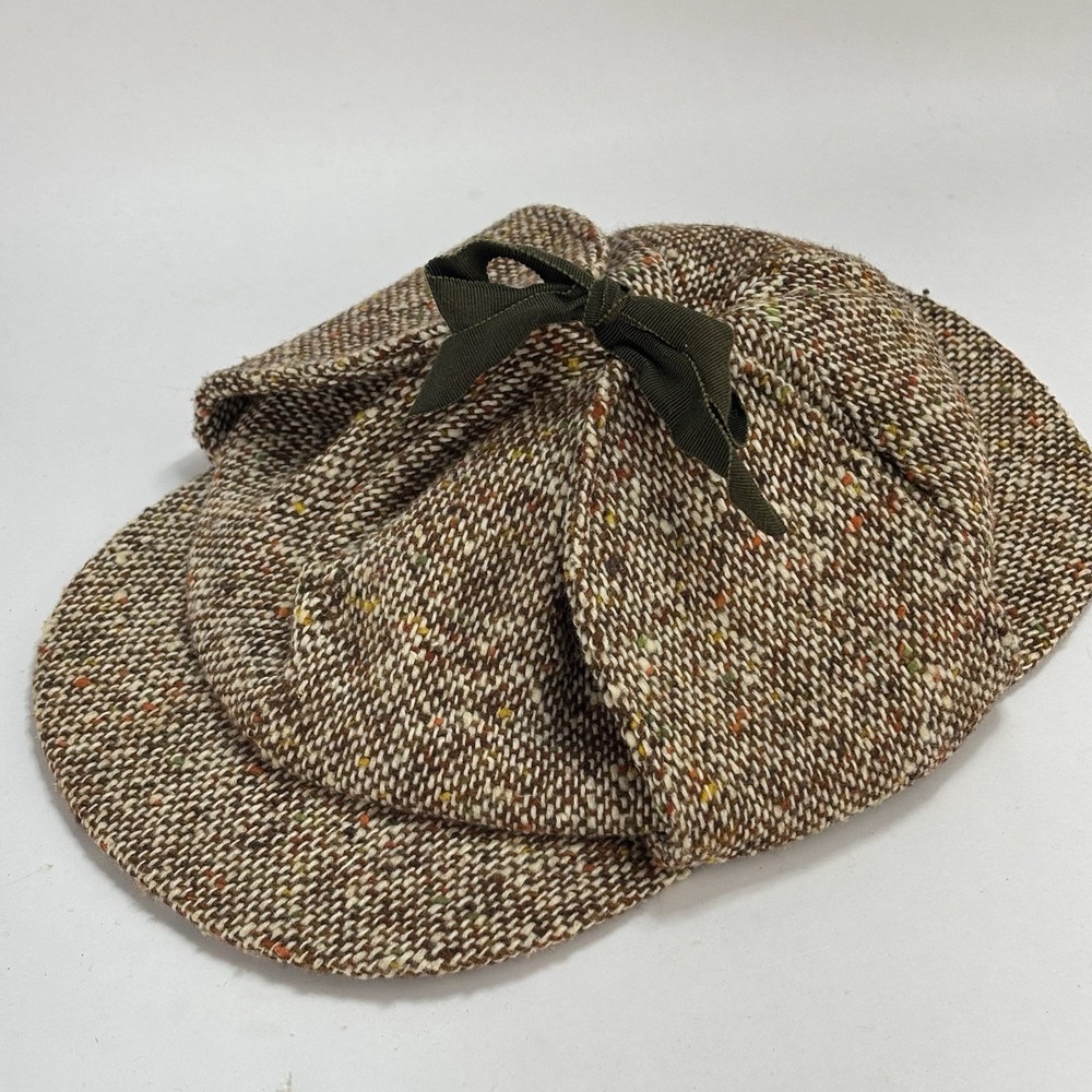 VTG Tweed Deerstalker Wool Blend Cap Sherlock Holmes Hat Ribbon Tie Union Made